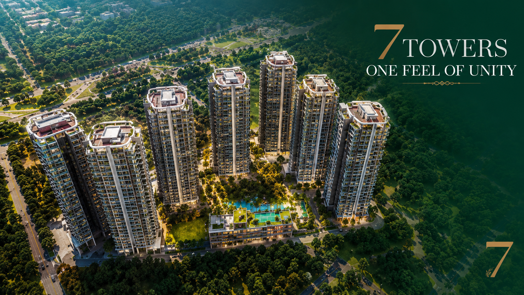 Eldeco 7 Peaks Residences aerial exterior view 7 towers Omicron 1A Greater Noida